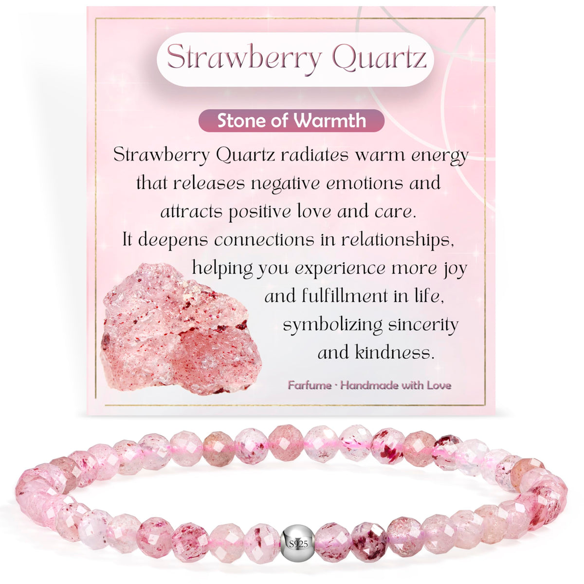 Farfume Strawberry Quartz - Warmth - Beaded Bracelets for Women,Handmade Natural Stone 4mm Beads 925 Sterling Silver Stretch Bracelets, Chakra Crystal Gemstone Jewelry Gifts for Mom