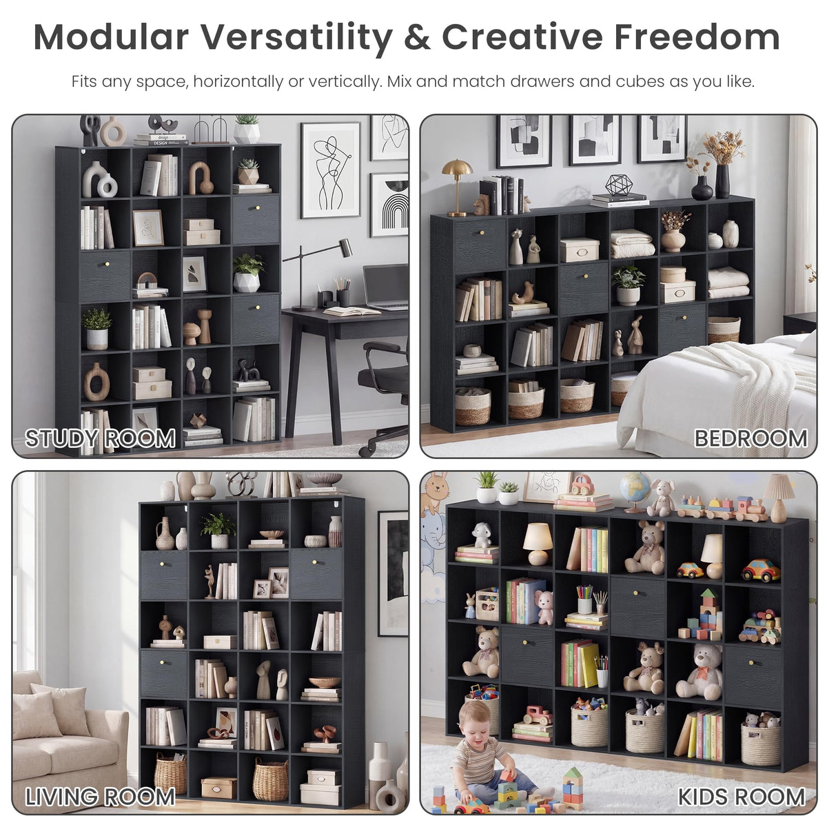 Modern Cube Storage Organizer, 24 Open Shelves Bookcase with 3 Storage Bins, Black Book Case with Wood Grain, Freestanding Shelf for Bedroom, Living Room, Home Office, Library, Wooden Large Book Shelf