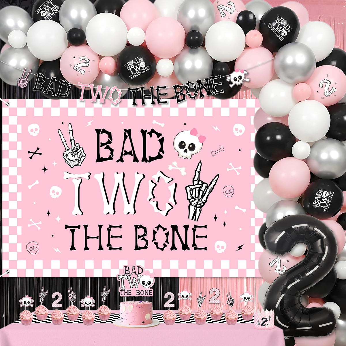 kreat4joy Bad Two The Bone Party Decoration Pink, Skeleton Theme Backdrop Banner Cake Cupcake Topper Table Cloth Hat Fringe Curtain Latex Balloon Garland Arch Kit for Girl 2nd Birthday Decoration