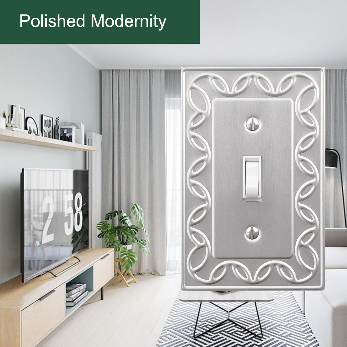 OKAWYC Single Toggle Light Switch Cover Plate, 4-Pack Brushed Nickel NovaBloom Metal Wall Plate 1 Gang, for Light Switch Cover, Switch Cover Decorative Wallplate, Durable