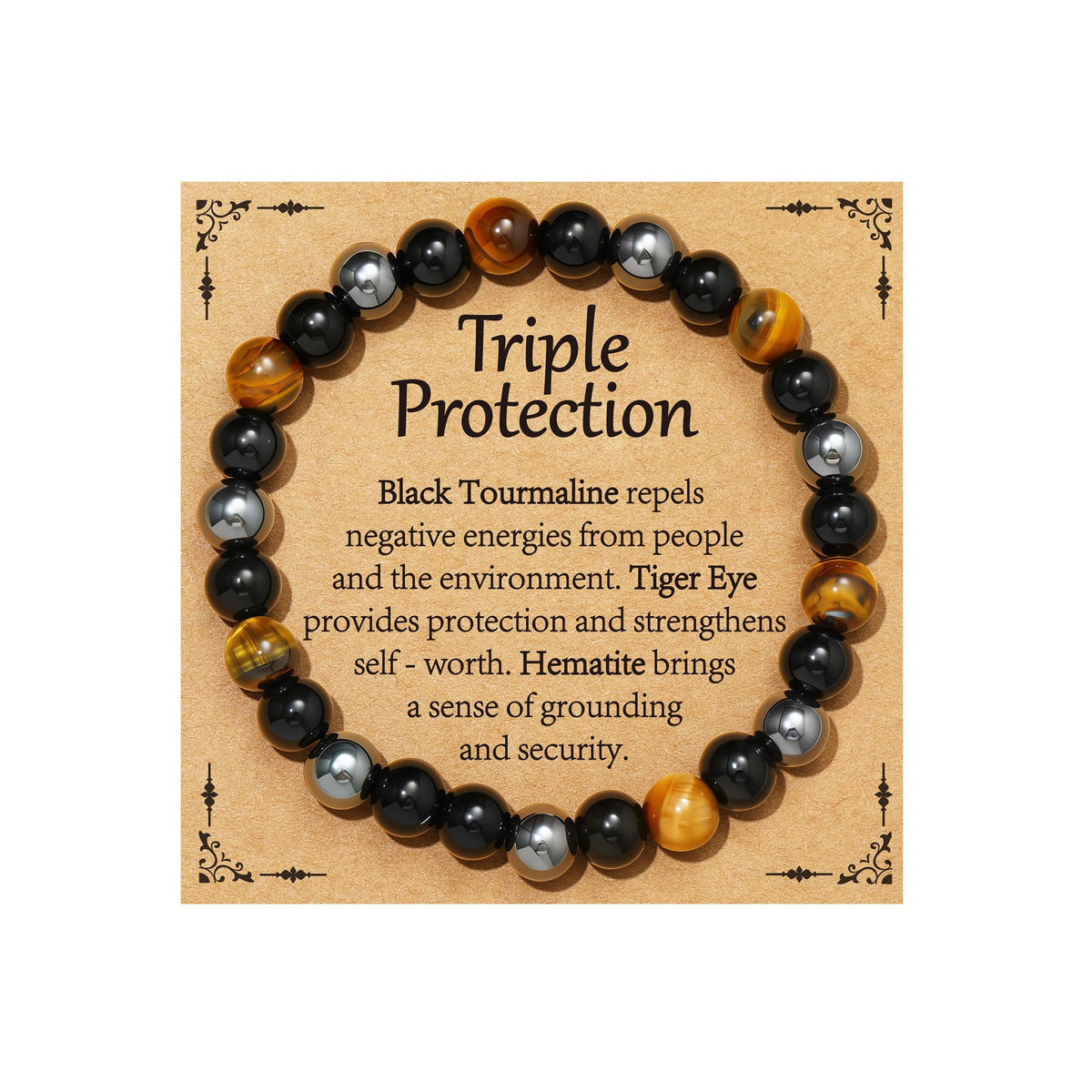 Gnamy Bracelet Gifts for Women, Triple Protection Healing Crystal Beaded Bracelets Hematite Black Tourmaline Tigers Eye Natural Worry Stones Anxiety Healing Birthday Easter Basket Stuffers Jewelry Presents for Her Adults Mom