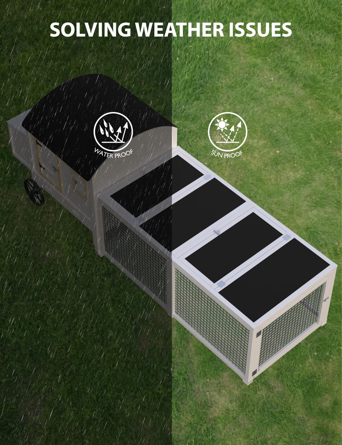 KYBOLT Rabbit Cage, Indoor and Outdoor Rabbit Hutch Chicken Coop, Small Animal Pen and Hutch Enclosure with Anti-UV Waterproof Roof, No Leak Pull Out Tray, Run and Ramp, 106in, White