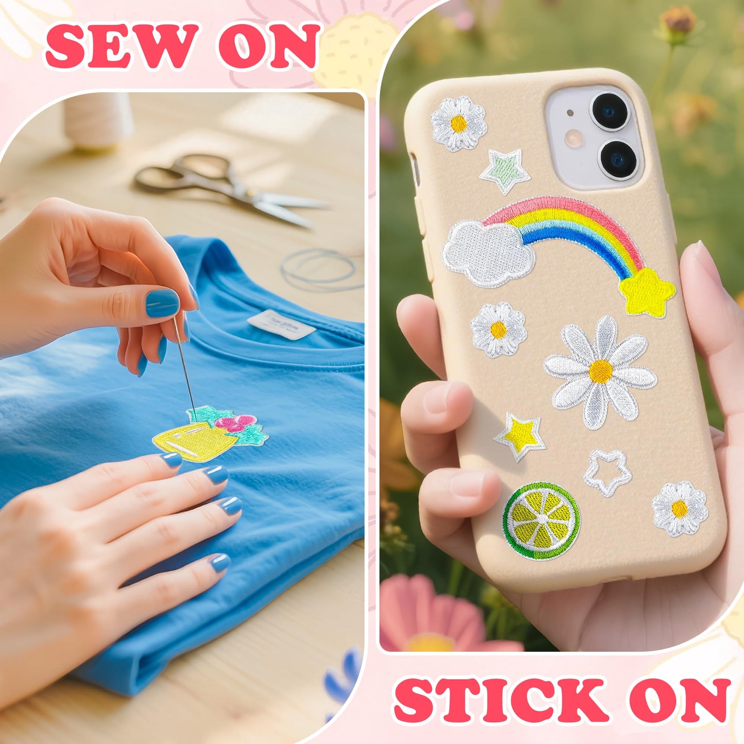Mini Iron On Patches for Clothes 65Pcs Cute Self Adhesive Embroidered Patches Set with Daisy, Fruits-Kids DIY Trucker Hat Patches for Jackets, Bags, Leis