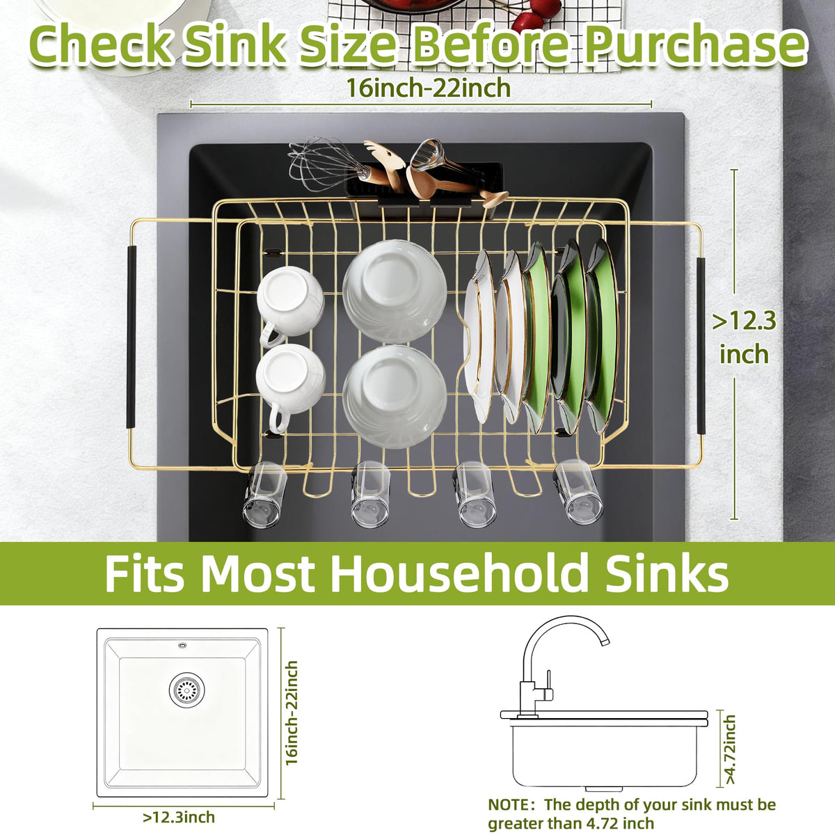HAYAWEY Golden Expandable Dish Drying Rack with Silicone Drying Mat-Extra Large Stainless Steel Dish Drainer Over The Sink with Utensil Holder, Applicable for Sink Width 16'-22' (Gold,23.2'*12.2')