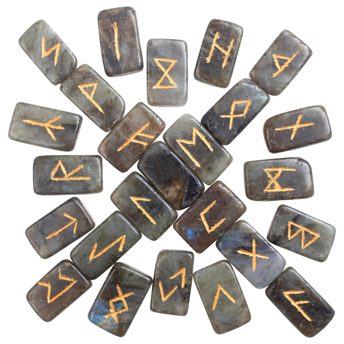 Crocon Labradorite Rectangle Shape Gemstone Rune Stones with Elder Futhark Alphabet Engraved 25 pcs Rune Set Crystal Divination Metaphysical Healing Chakra Reiki Runes Set with a Pouch Size: 21-26mm