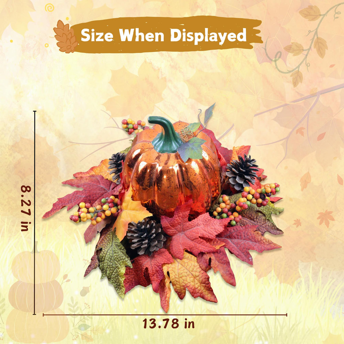 Lighted Pumpkin Fall Decor – LED Thanksgiving Decoration with Faux Maple Leaves, Berries, and Pinecones, Autumn Harvest Centerpiece for Table, Indoor and Outdoor Home Display