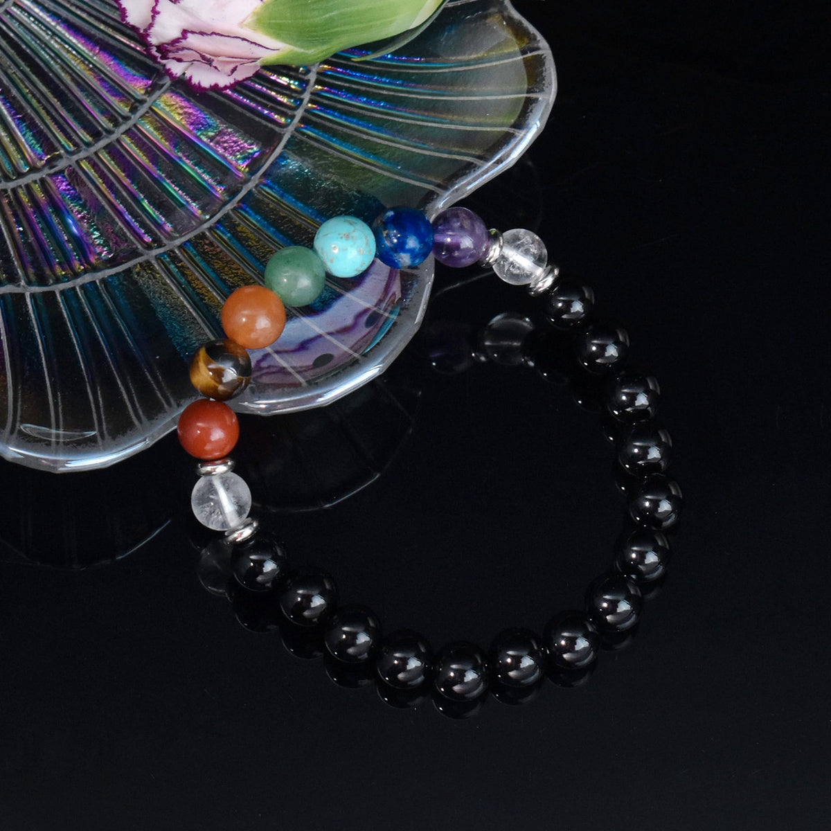 Ayriwoyi 7 Chakra Bracelet For Women Healing Crystal Black Agate Beaded Stone Bracelet 6.5 inch Anxiety Bracelets for women Crystals and Healing stones