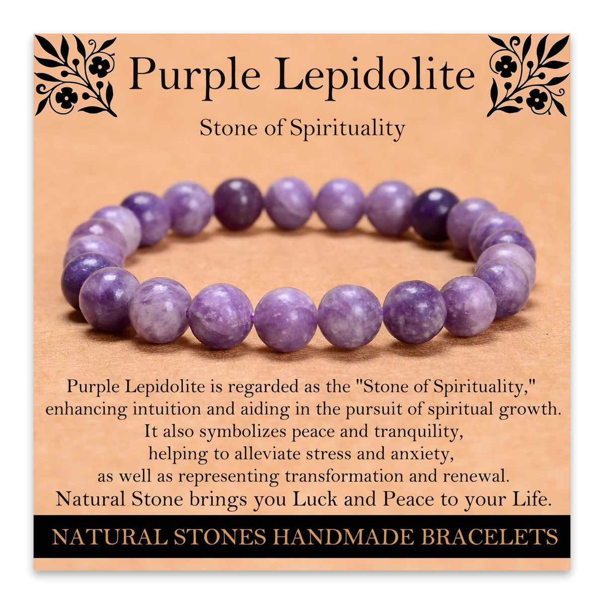 Handmade Natural Gemstone Elastic Bracelet - Healing Crystal Beads Jewelry, Unisex (Purple Lepidolite, 8mm)