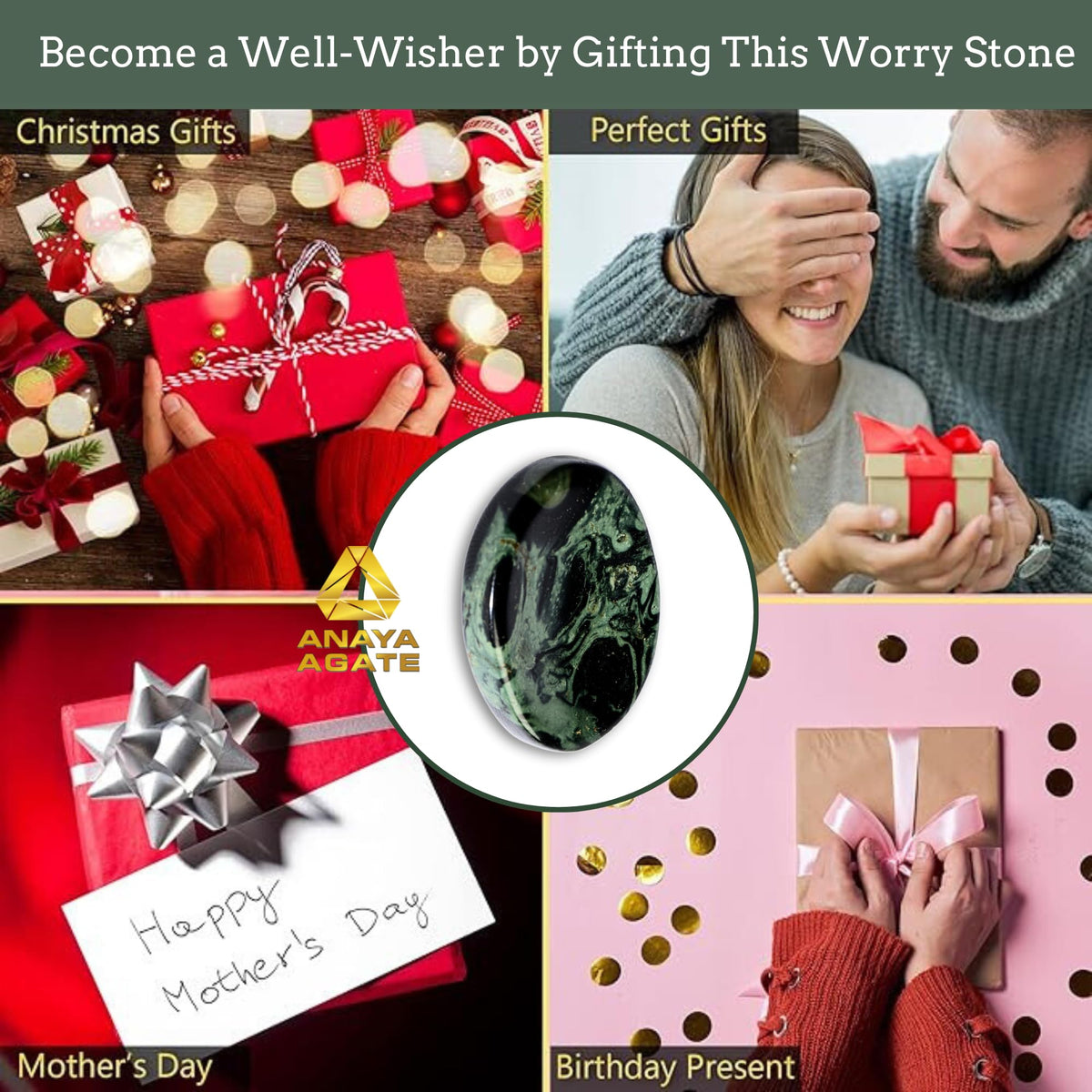 Anaya Agate Kambaba Jasper Worry Stones Certified Crystal Thumb Worry Stone for Anguish, Relaxing and Soothing Balance Stones for Meditation, Stress Relief Crystals and Healing Stones for Men, Women