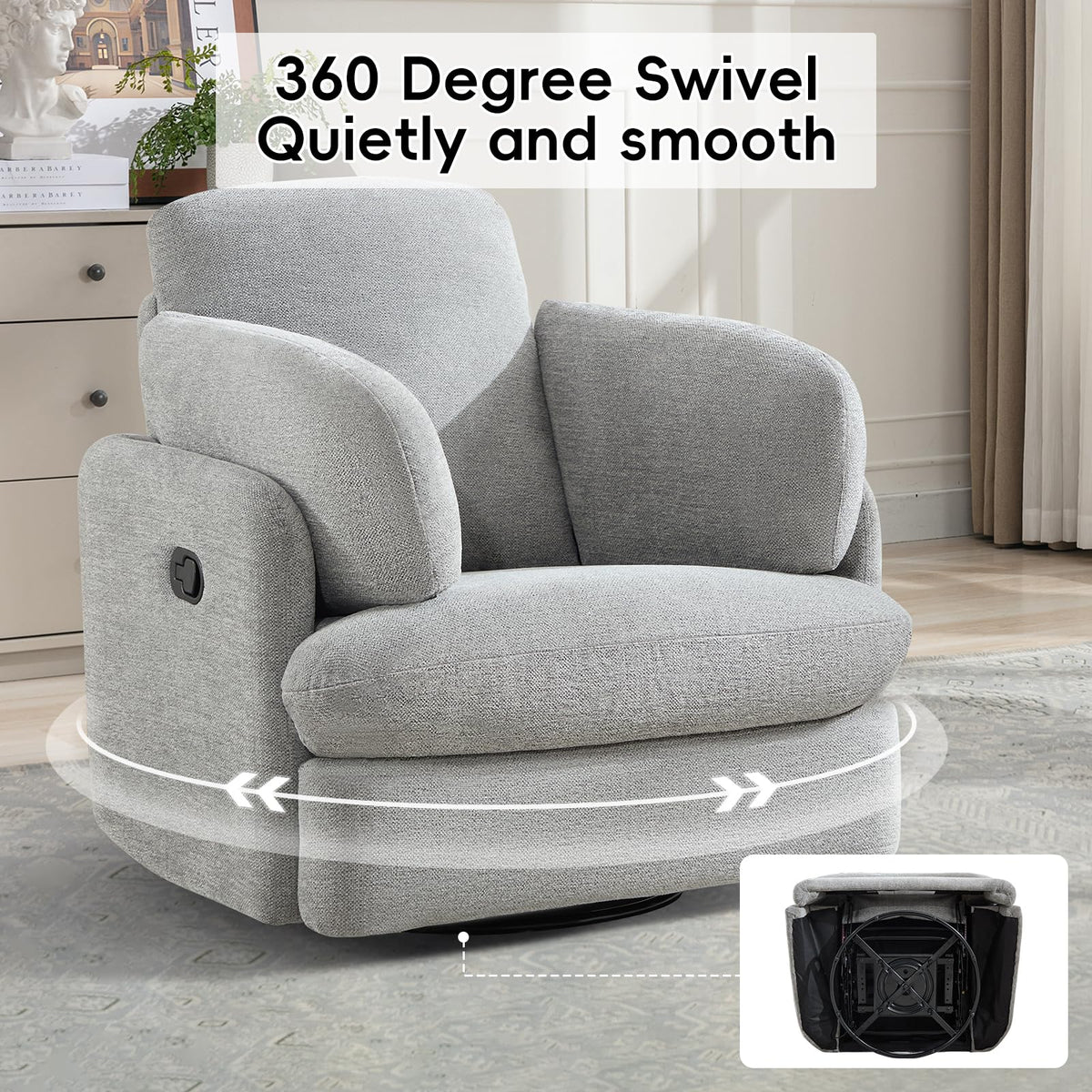 Bonzy Home Manual Recliner Chair, 360°Swivel Rocker Recliner Chair for Adults, Overstuffed Nursery Rocking Reclining Sofa with 2 Pillows and Hidden Storage, Light Grey