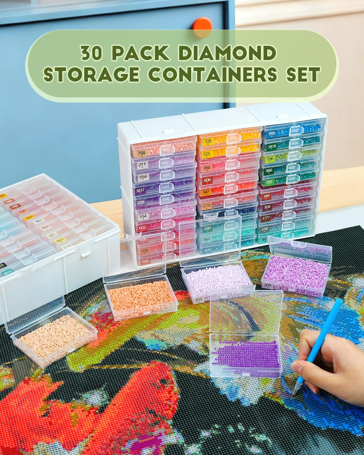 Diamond Painting Trays with Lids and Diamond Art Storage, 30PCS Diamond Art Accessories with Storage Containers, 2-in-1 Drill Storage and Line-Up Tool, 1 Pack 5D Diamond Painting Tools for Beads