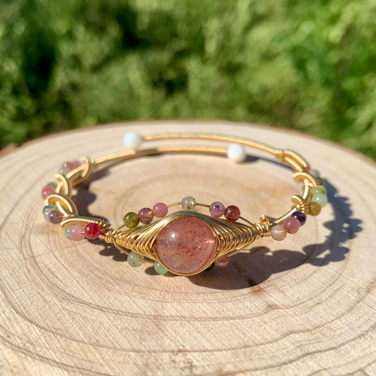 Handmade Genuine Strawberry Rose Quartz& Rainbow Tourmaline Beads 14k Gold Filled Wire Wrapped Bracelet, Birthstone Chakra Healing Gemstone Crystal Adjustable Bangle Cuff Jewelry Gift for Women