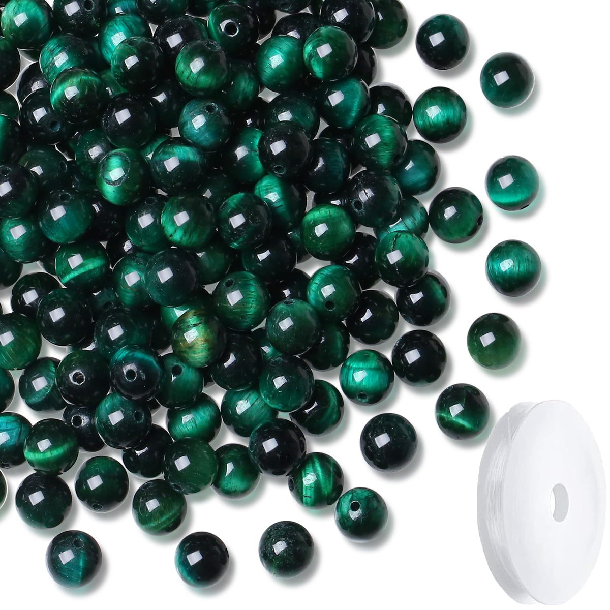 NUKAYAI Green Tiger Eye Beads - 60pcs Crystal Beads, 8mm Round Stones for Bracelet, Necklace & DIY Earrings