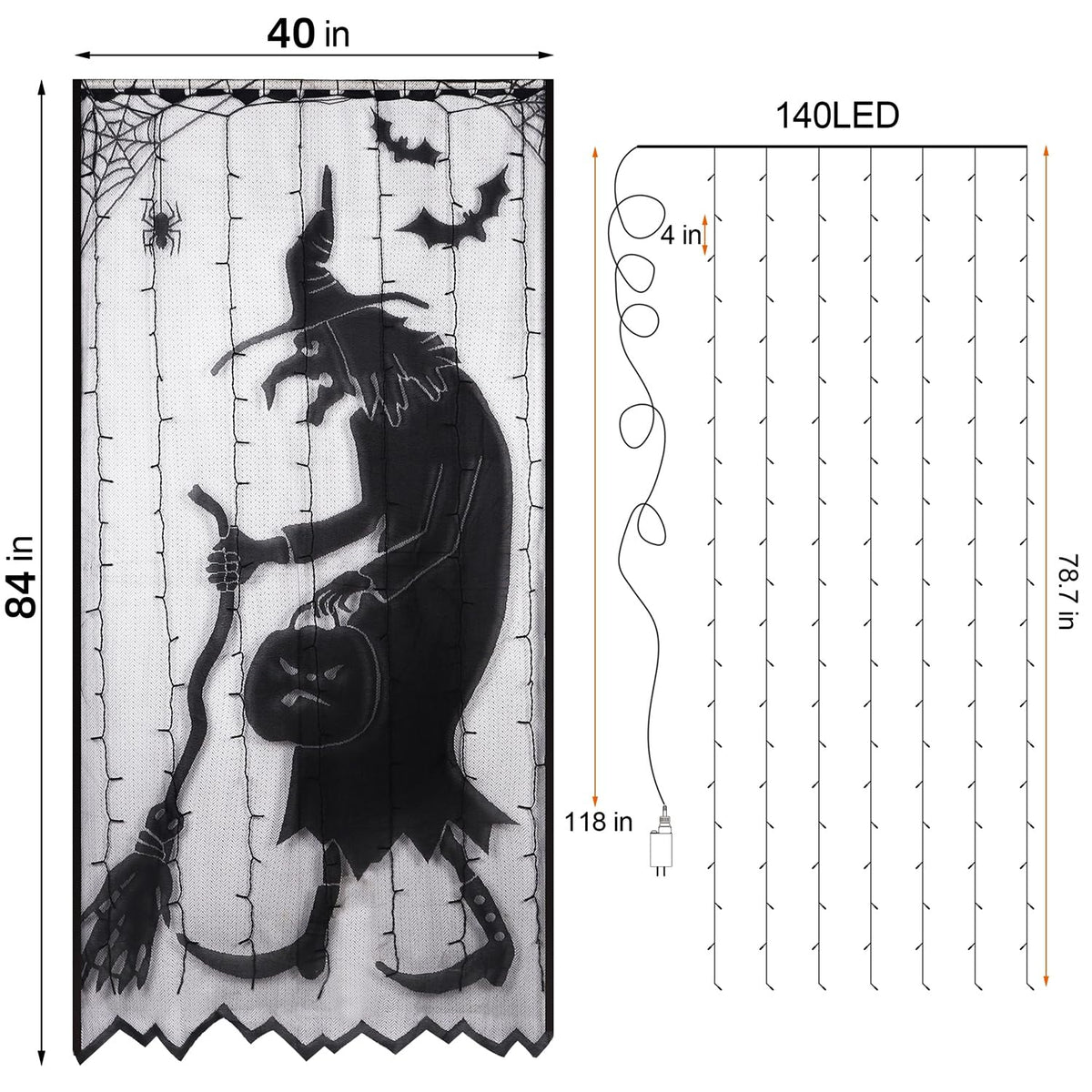 Watereem Lighted Halloween Decorations, 40 x 84 Inch 146 LED Purple Curtain Lights with Black Lace Witch Pattern, Scary Skeleton Window Door Drapes for Home Front Door Window Office Party Supplies