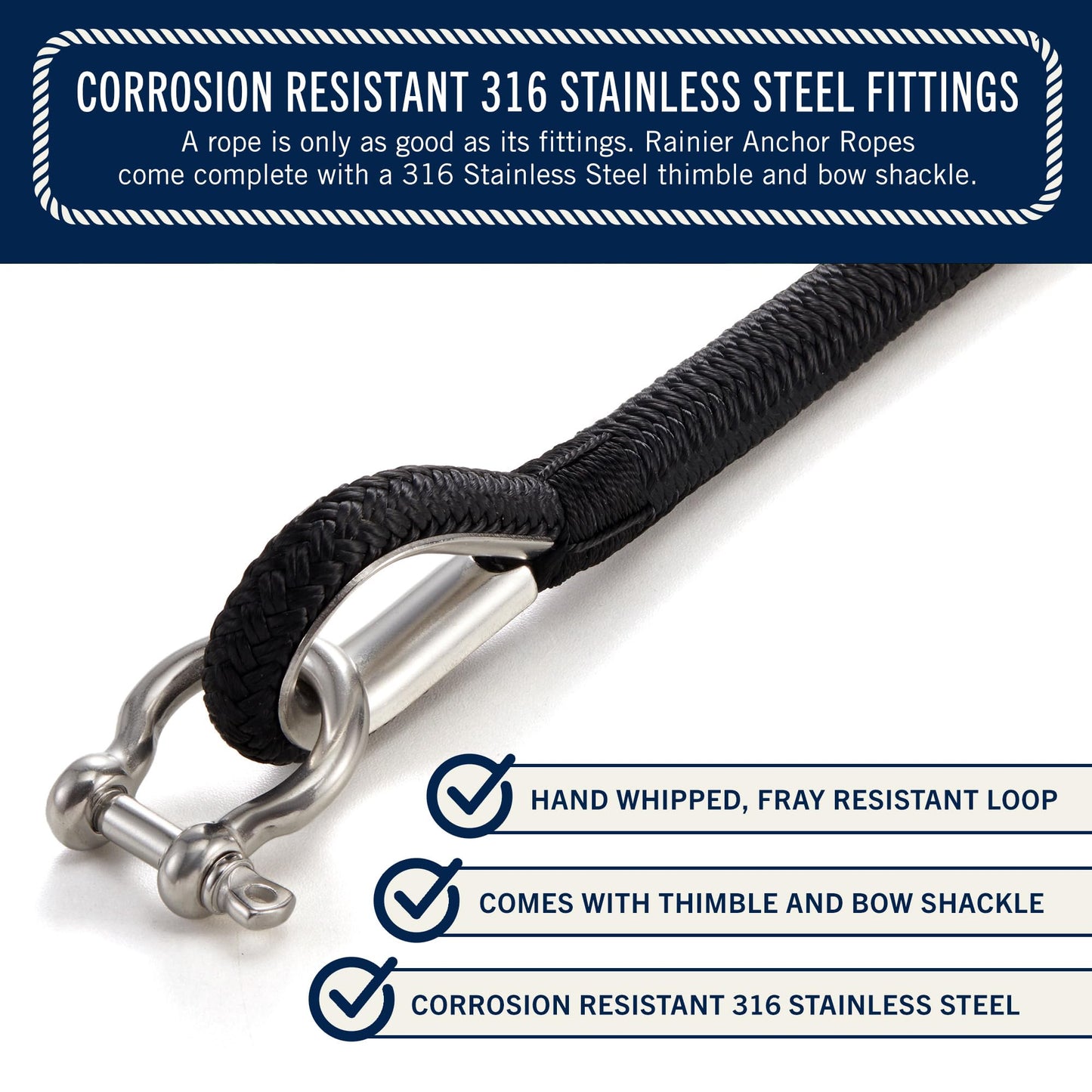 RainierSupplyCo Boat Anchor Rope - Double Braided Marine Rope Anchor Line - 300 ft x 1/2 Inch Nylon Boating Line with 316 Stainless Steel Thimble and Heavy Duty Marine Grade Bow Shackle - Black