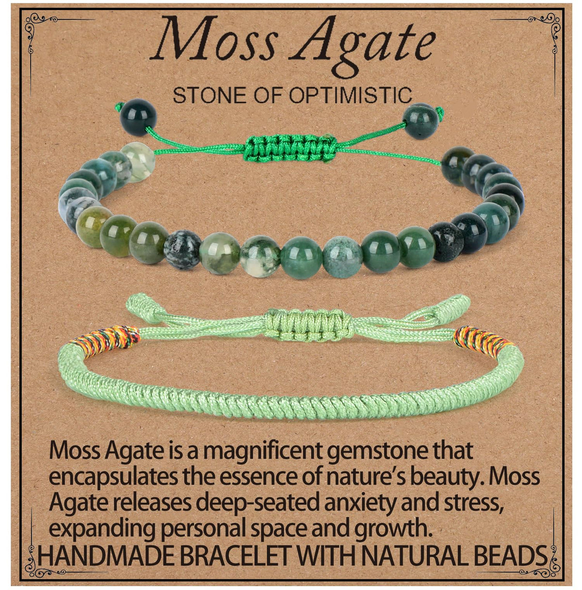 LPBeads 6mm Moss Agate Bracelet with Handmade Rope Bracelet Size Adjustable Natural Stone Crystal Healing Bracelets Gifts for Unisex Adults