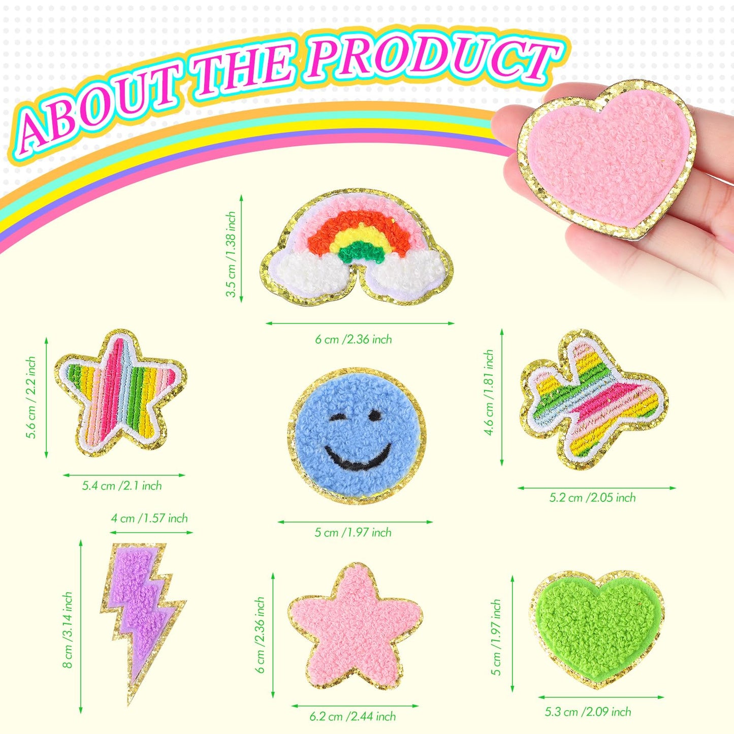 98 Pcs Self Adhesive Chenille Patches Cute Chenille Embroidered Patches Colorful Heart Lightning Rainbow Applique for Clothing Fabric Jackets DIY Mobile Phone Backpacks Hat