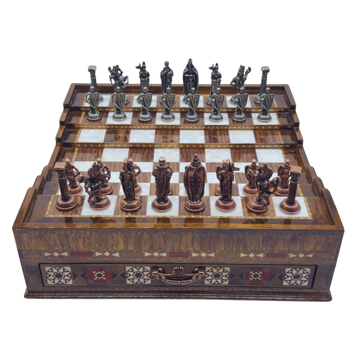 Luxury Handmade Wooden Chess Set with Metal Pieces – Large Walnut & Rosewood Chess Board with Storage Drawers – British Style Chess Pieces for Father’s Day, Birthday, or Christmas