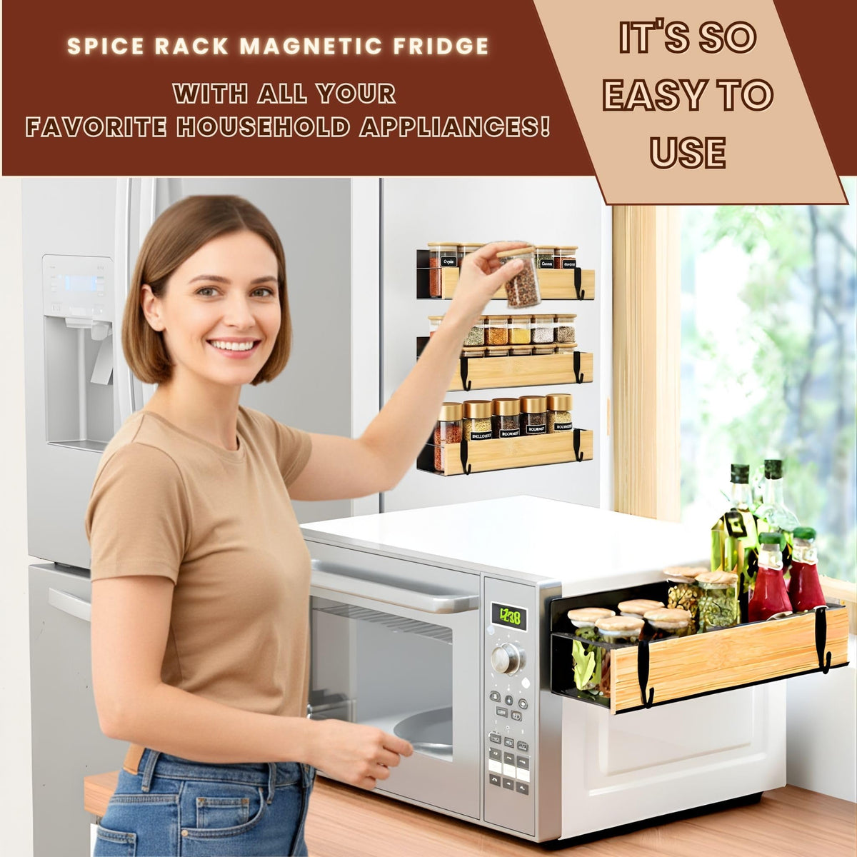 WY Family (4 Pack) Magnetic Spice Storage Rack Organizer for Refrigerator and Oven, 4 Strong Magnetic Shelf, Black Fridge Storage, Spice Rack Organizer, Metal-Bamboo
