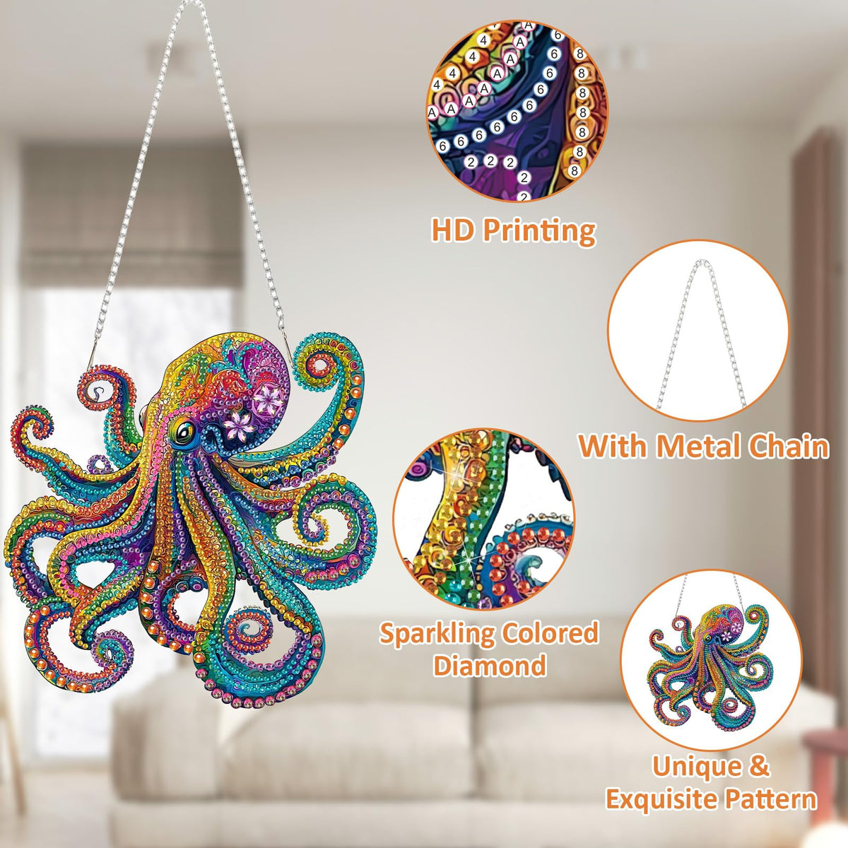 SENQAO Octopus Diamond Art Hanging Kit for Adult, Special Shaped Rhinestone, DIY Acrylic 5D Diamond Art Painting Window Pendants Home Garden Wall Hanging Kits Hanging Ornament