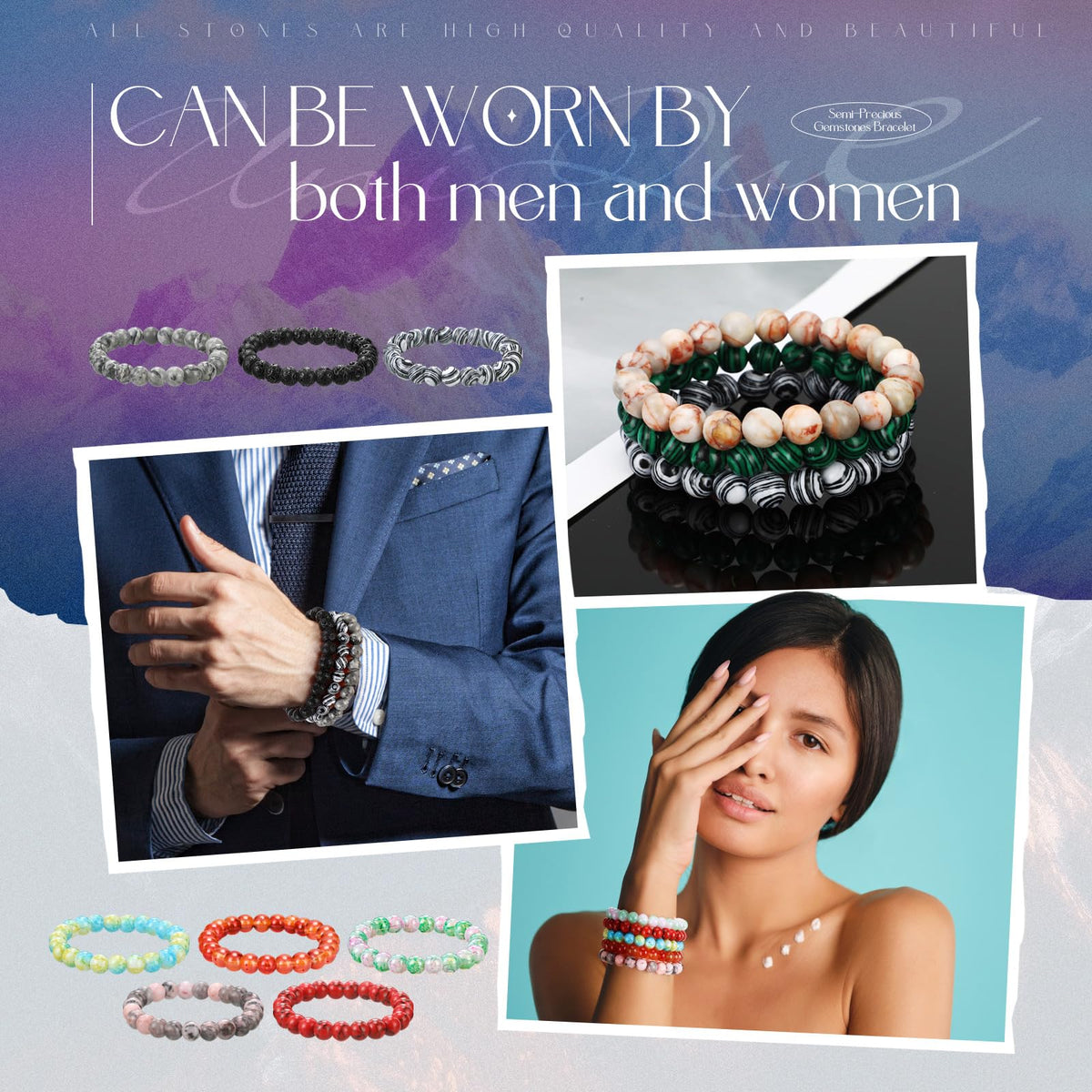 Landical 24 Pcs 8mm Gemstones Beaded Bracelets for Men Women Stretch Round Bead Bracelets Set Healing Crystal Stone Bracelets Semi Precious Bracelets