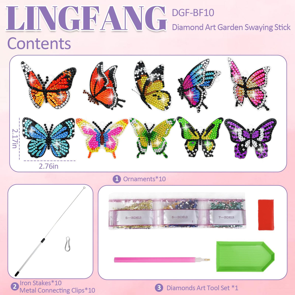 LINGFANG 10 Pcs Diamond Art Swaying in The Wind, Diamond Art Kits for Adults, High Flexibility Iron Garden Stakes Decor, Diamond Art Painting Crafts for Beginners, Woman Gift (Butterfly)