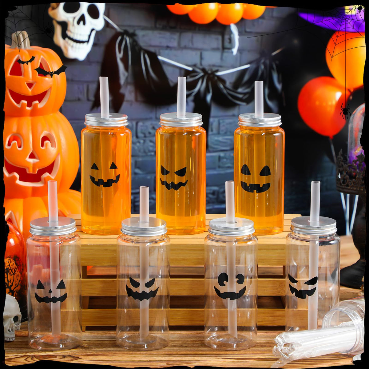 Potchen 24 Pcs Halloween Plastic Cups with Lids and Straws Reusable 13.5 oz Pumpkin Face Jack O Lantern Cups Beverage Drinking Plastic Tumbler Bulk for Halloween Trick or Treat Party Favor Supplies