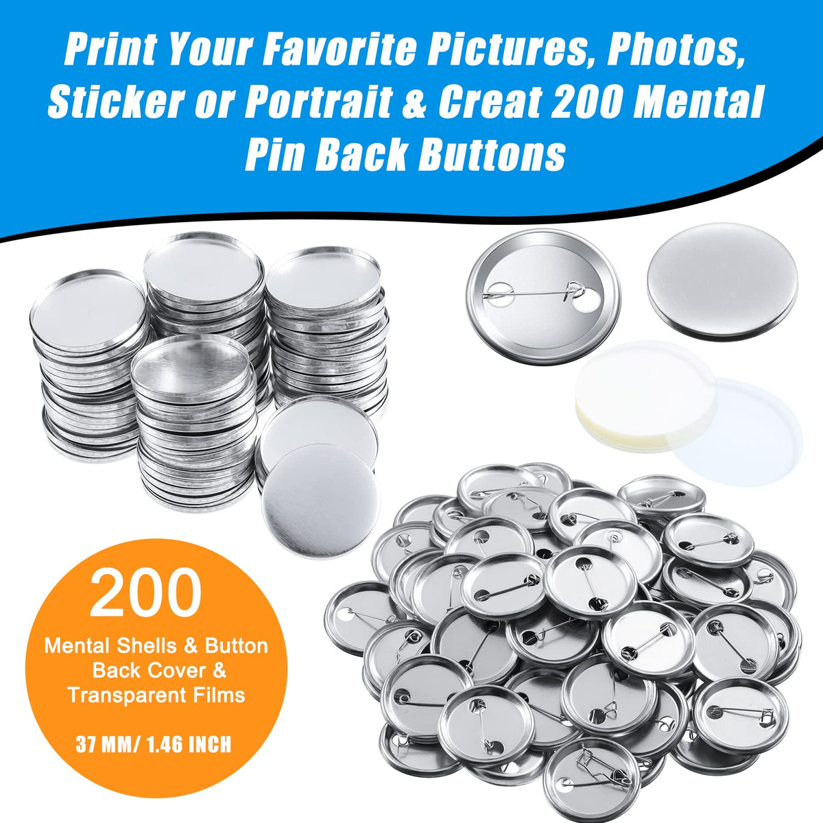 600 Pieces Blank Button Making Supplies Round Badge Parts Metal Pin Button Kit for Badge Make Machine, Including Metal Shells Back Cover and Clear Film(1.46 Inches)