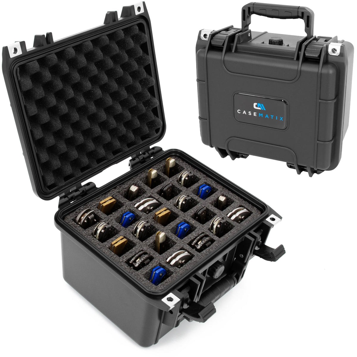 CASEMATIX 25 Folding Knife Case - Waterproof Knife Blade Holder and Knife Box Organizer Fits 25 Folding Knives and Swiss Army Knives Precut to Fit 4.0" to 5.5" Folded in Lockable Knife Storage Case
