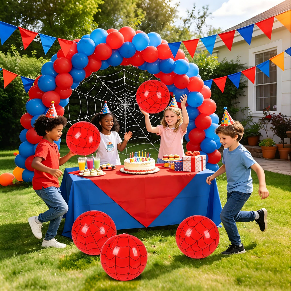 SCIONE 12 Pack 12 Inch Red and Blue Web Beach Balls for Kids, Inflatable Balls for Pool Party Decorations, Spider Theme Birthday Favors & End of Year Student Gifts