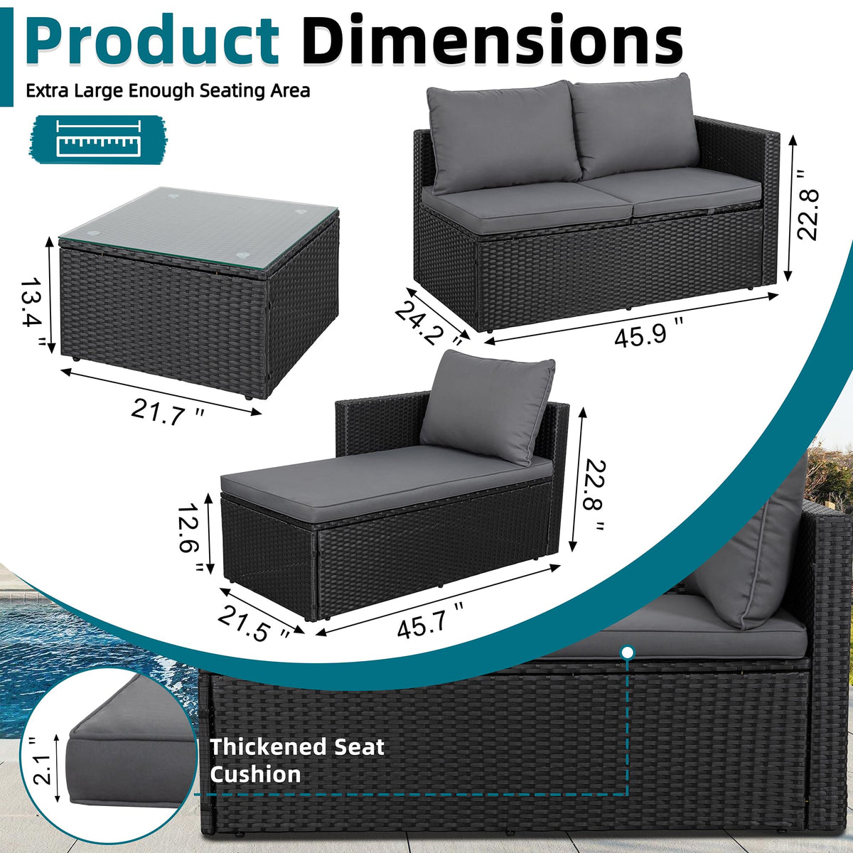 SUNLEI Patio Furniture Set with Detachable Soft Cushions, All Weather Outdoor PE Rattan Patio Conversation Sofa Set, Black Rattan/Grey