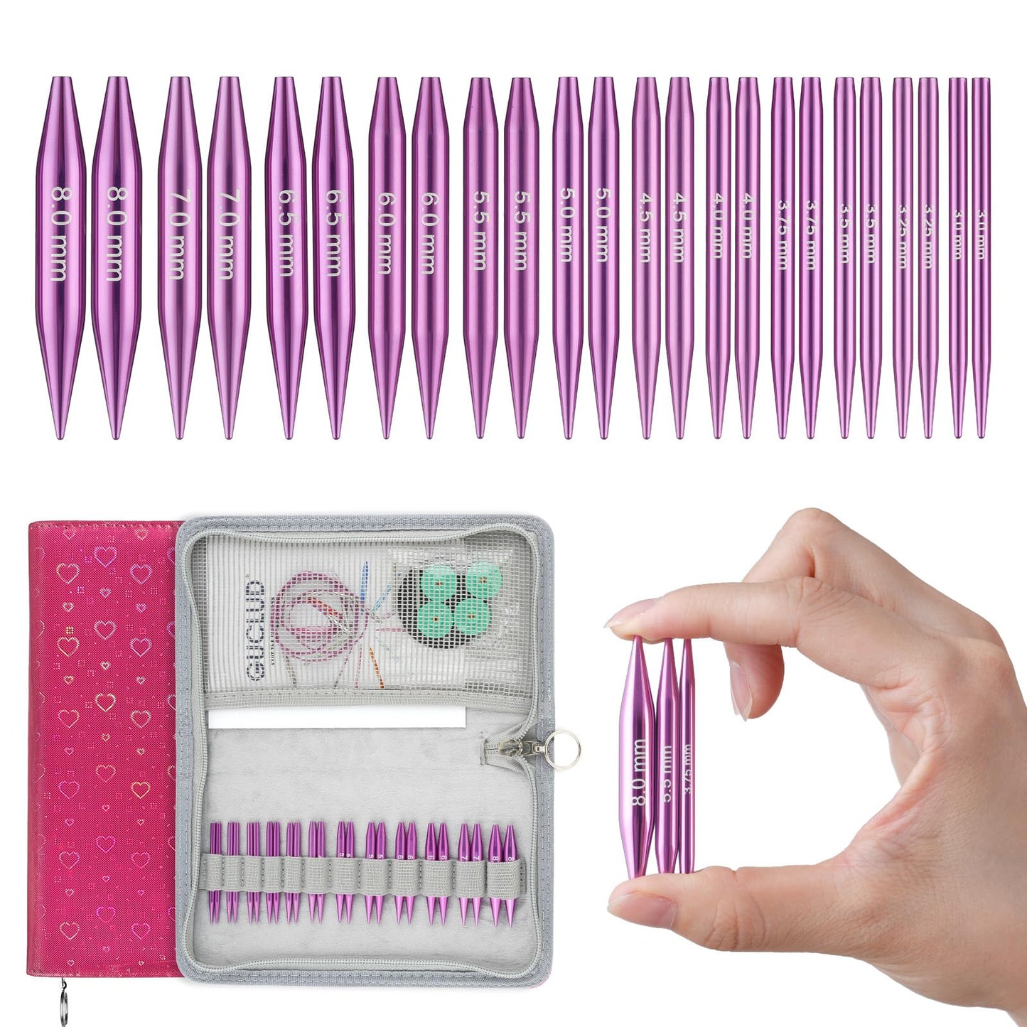 Guclud 2-Inch Short Interchangeable Circular Knitting Needles Set | US 2.5-11 (3.0-8.0mm) | 12-Pair of Metal Small Circular Needles | 4 Cables (6", 8", 12", and 16"), Accessories & Case