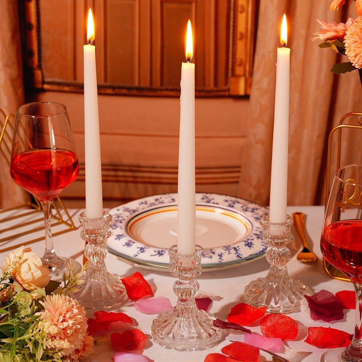 Suclain 12 Pcs Wedding Candlestick Holders Taper Candles Set Clear Glass Candle Holder and White Tapered Candles Dripless Tall Candle Sticks for Wedding Party Table Favor(Transparent)