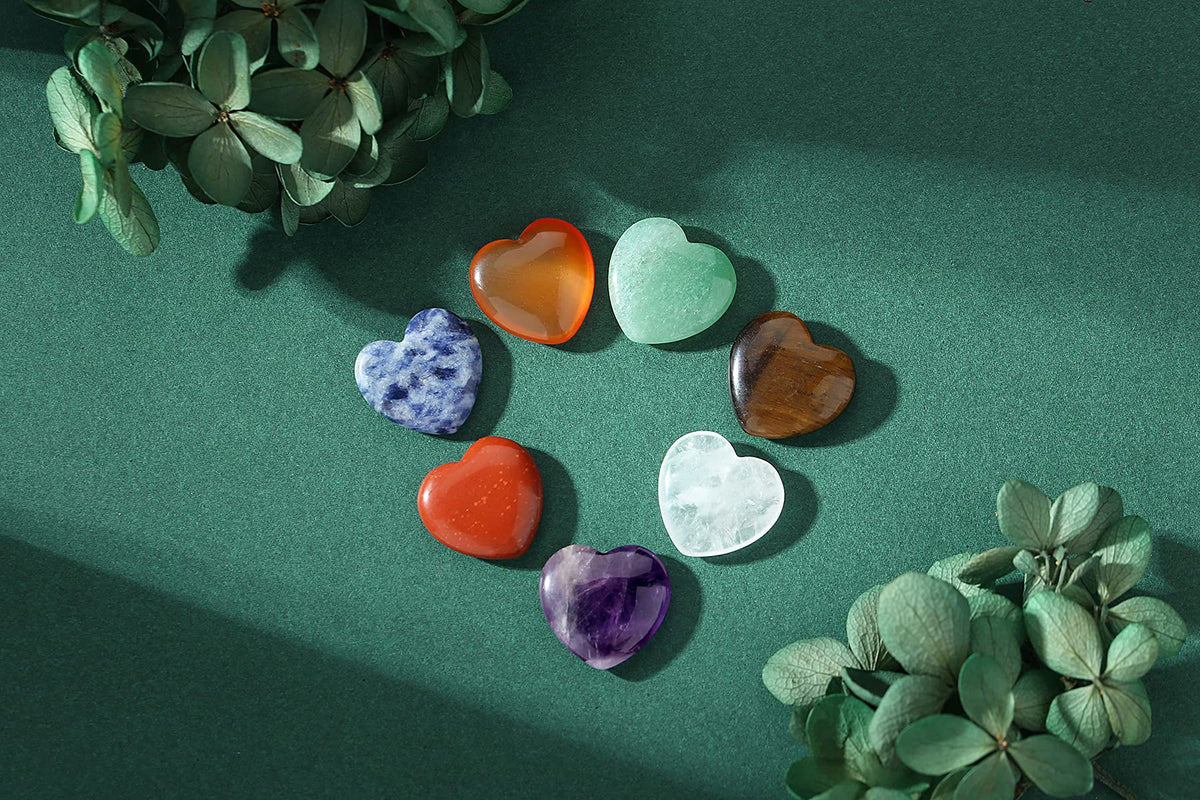 YATOJUZI 7 Chakra Natural Heart Healing Crystals Rose Quartz Amethyst Heart Love Stones Set Bulk Polished Pocket Palm Thumb Gemstones Chakra Reiki Balancing 0.8 inches