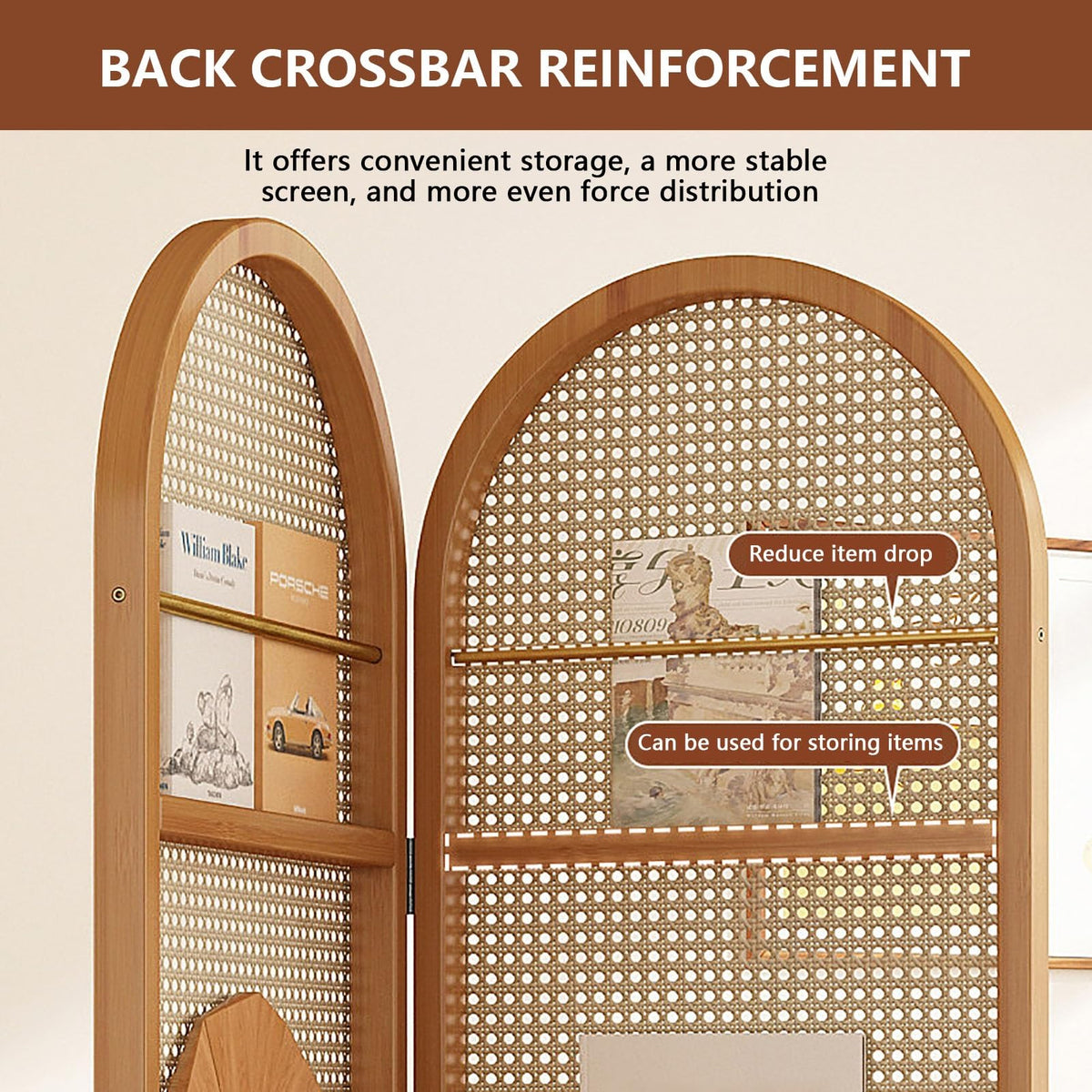 Rattan Room Divider Portable Partition with Built-in Bookshelf, 67" Foldable Privacy Screen for Room Separation, Home Office, Bedroom, 2 Panel Design