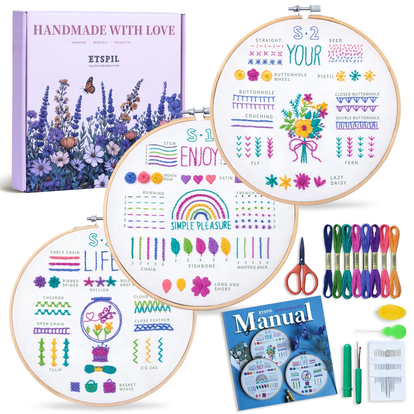 ETSPIL Embroidery Starter Kit for Adults, 3 Simple Patterns to Master 33 Stitches, Easy Step-by-Step 4K HD Video Tutorials & Bound Guide, DIY Craft Gift for Teens