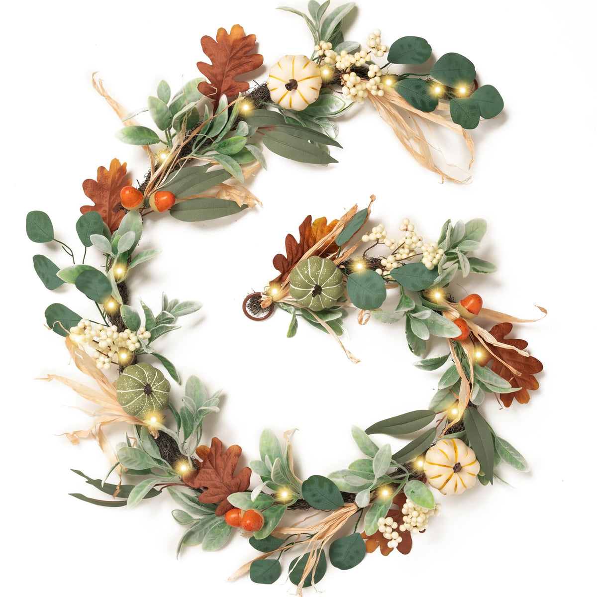 Valery Madelyn Fall Garland for Mantle, 6ft Lambs Ear Leaves Garland with Lights White Pumpkins Thanksgiving Table Centerpiece, Fall Autumn Decorations for Home Porch Fireplace Outdoor Halloween Decor