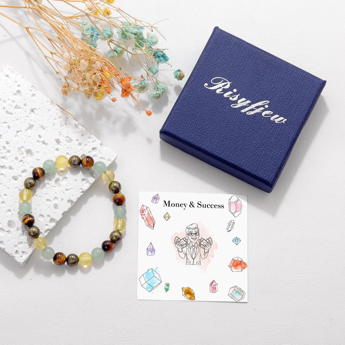 Risyfjew Natural Healing Crystal Bracelet for Women Wealth Money Bracelet Good Fortune Jewelry Gift With Citrine Pyriste Green Aventurine Tiger Eye