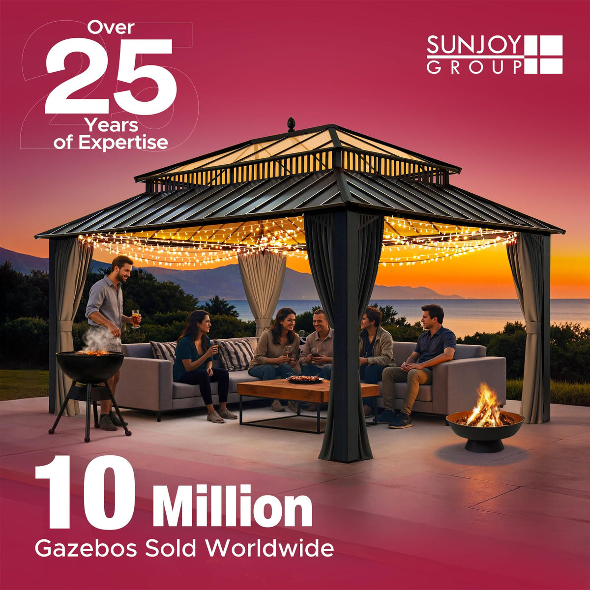 SUNJOY 44" Propane Fire Pit Table with Ceramic Tile Top for Outside (CSA Certified, 50,000 BTU) Rectangular Gas Smokeless Fire Table with Lid and Lava Rocks