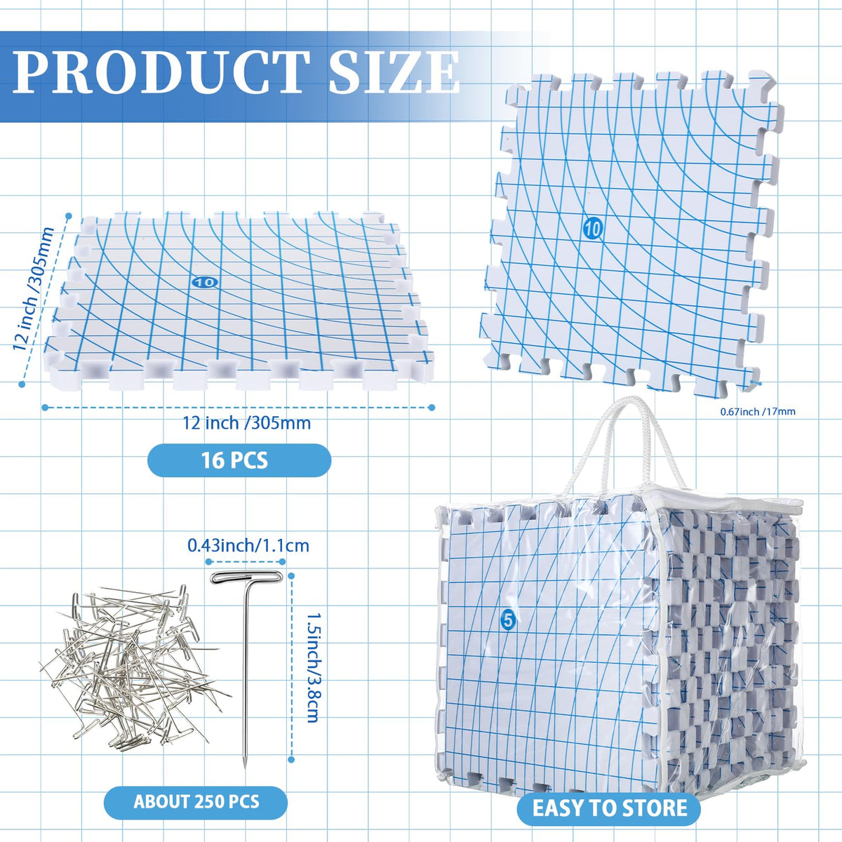 Threehoney 16 Pcs Thick Blocking Mats for Knitting Interlocking Blocking Boards with Grids, 250 T Pins and Storage Bag for Needlework Needlepoint Crocheting Supplies