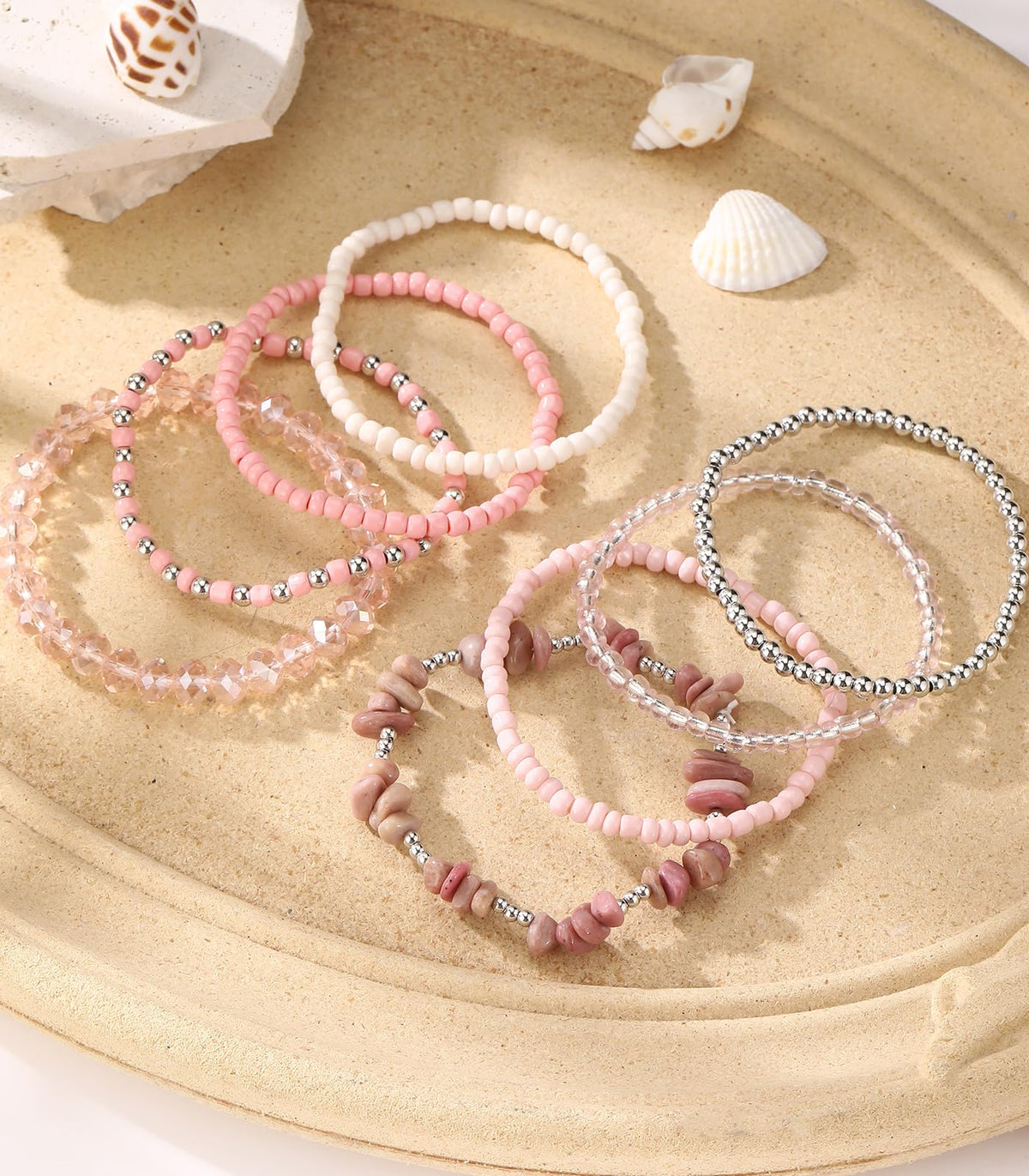 Noessla Boho Beaded Bracelets for Women Stackable Irregular Natural Stone Bead Stretch Bracelet Set 8PCS Costume Jewelry Gifts for Her(Pink)