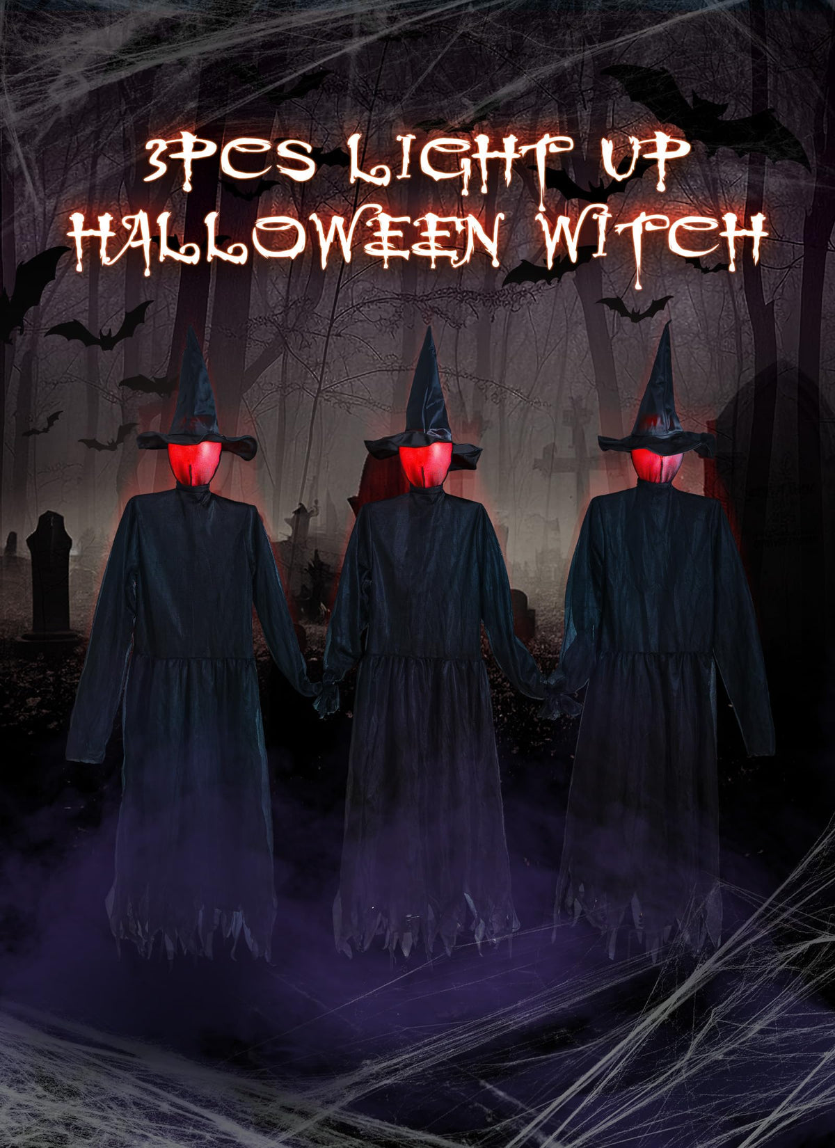 Halloween Decorations Outdoor 3PCS Light Up Witches Holding Hands Witches with Stakes, Scary Screaming Witches with Glowing Face, Creepy Halloween Party Props Decor for Yard Garden Outside Lawn Porch