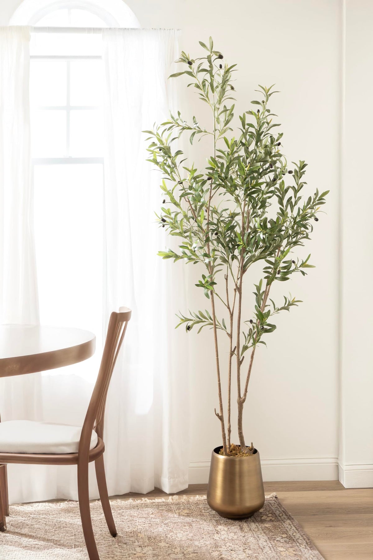Kate and Laurel Oliveira Faux Olive Tree with Portell Metal Planter Pot, 7 FT, Gold, Potted Artificial Olive Plant Tree with Realistic Foliage and Added Moss, Fake Plant Living Room Decor