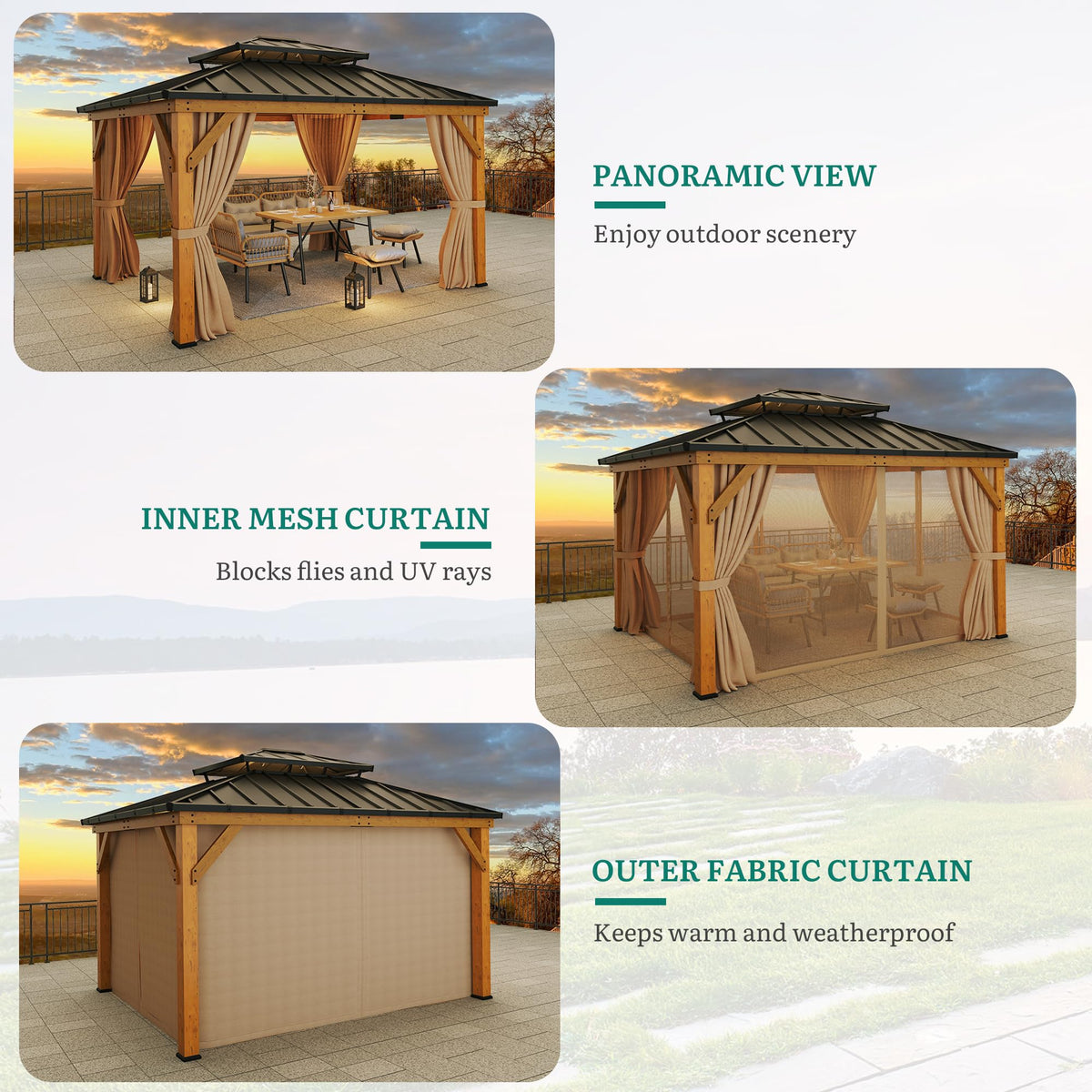 YITAHOME 11X13 Wood Gazebo Hardtop with Nettings and Curtains, Heavy Duty Double Roof Galvanized Steel Outdoor Wood Frame Roof for Patio, Backyard, Deck, Lawns