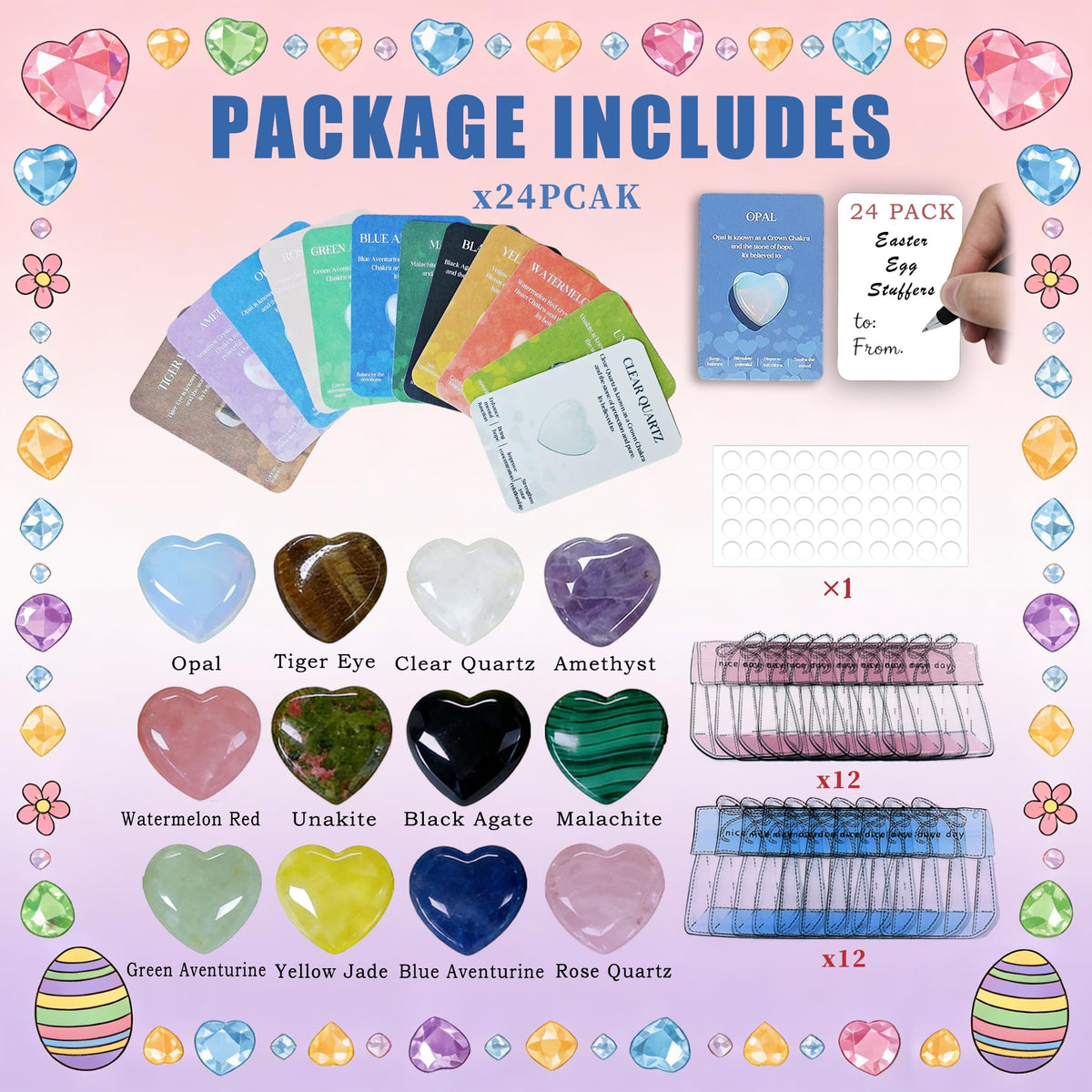 24 Packs Easter Egg Stuffers Crystals and Healing Stones with Heart Cards Classroom School Party Favors,Easter Gifts for Kids Healing Crystals Rock Gift Exchange Bulk Easter Basket Stuffers for Teen