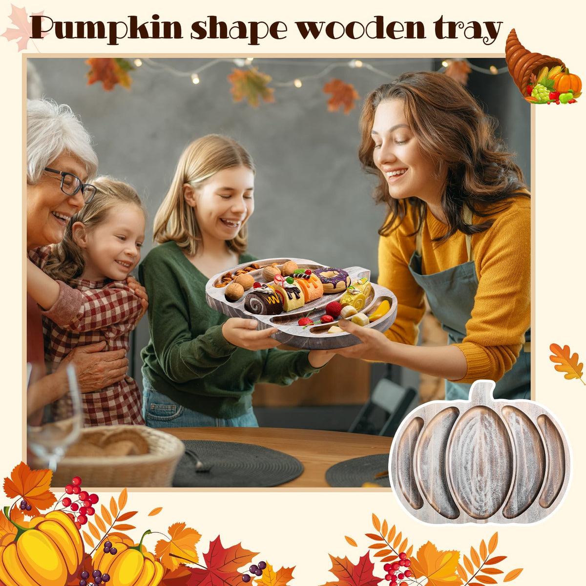 Sliner Fall Pumpkin Wooden Serving Dish Platter Thanksgiving 15" L x 12" W Pumpkin Shaped Charcuterie Board Snack Wood Cutting Board Sectional Dish Plate for Home Gifts(Grey White)