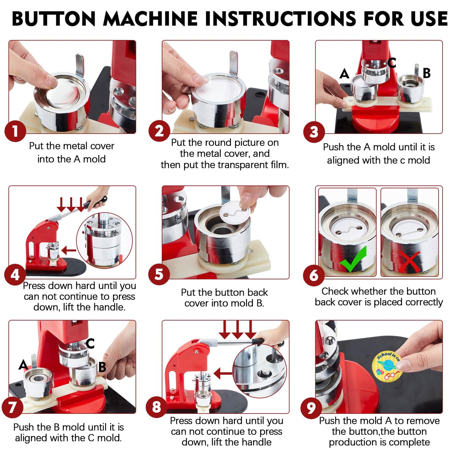 Lounsweer 1 Inch+1.25 Inch+2.25 Inch Button Maker Machine Multiple Sizes Pin Maker Interchangeable Button Models Badge Metal Press Machine with 300 Sets Supplies &Circle Cutter&Cutting Mat