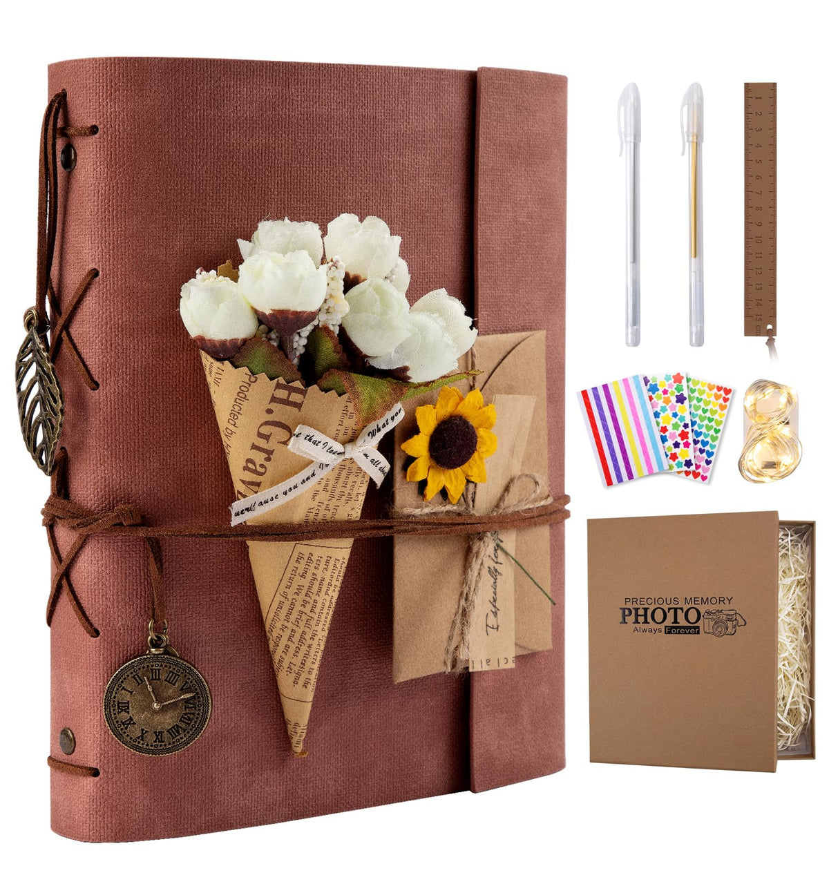 ALKALO Scrapbook Photo Album 100 Pages, 60 Page Self Adhesive+40 Page Kraft Paper DIY Photo Book for 2x3 3x5 4x6 5x7 Pictures, Leather Memory Book for Wedding Baby Family Travel Birthday Christmas