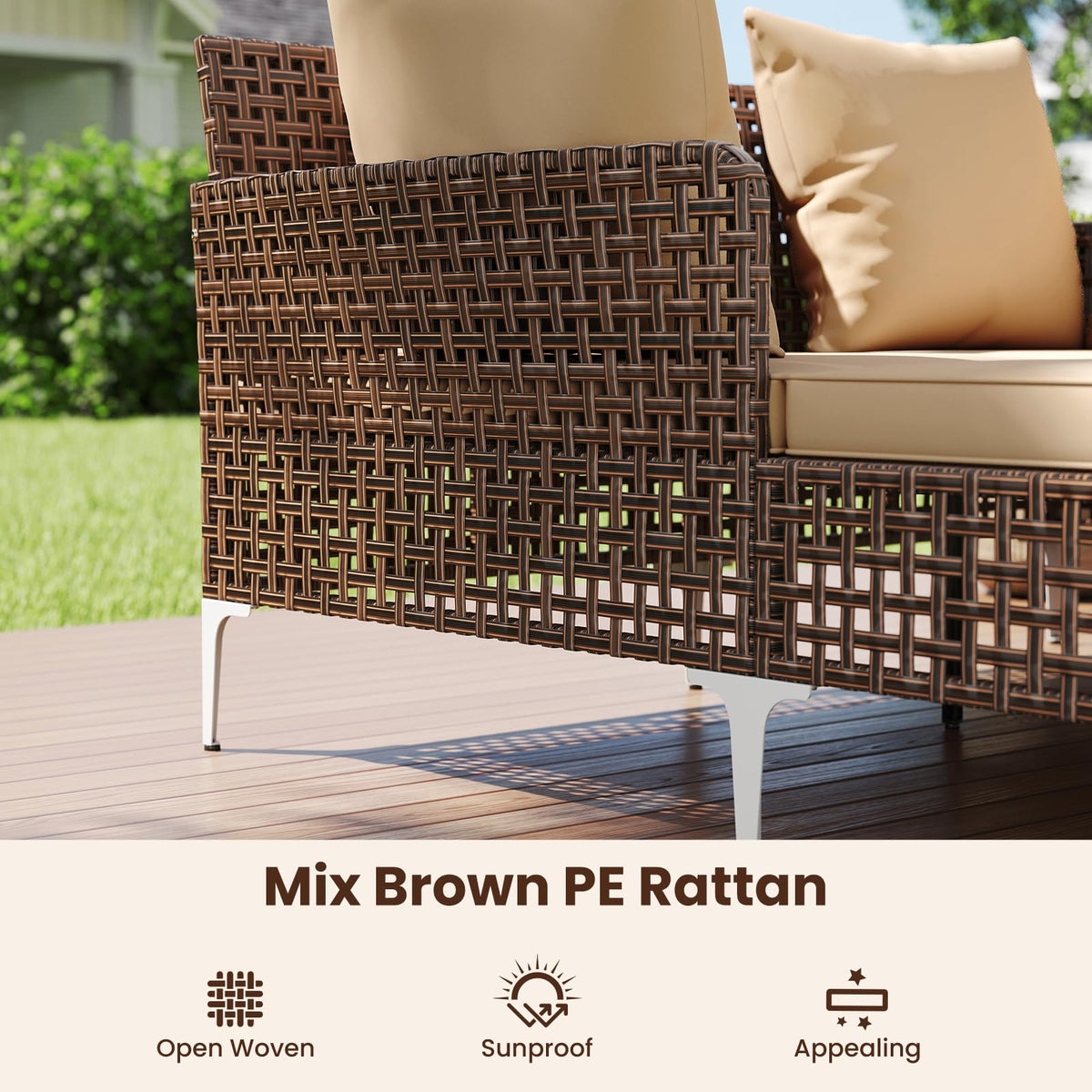 Tangkula Outdoor Rattan Double Daybed, Boho Wicker Chaise Lounge for 2 with Seat & Back Cushions, Outdoor Sunbed Loveseat with Metal Support for Backyard, Poolside & Deck (Brown)