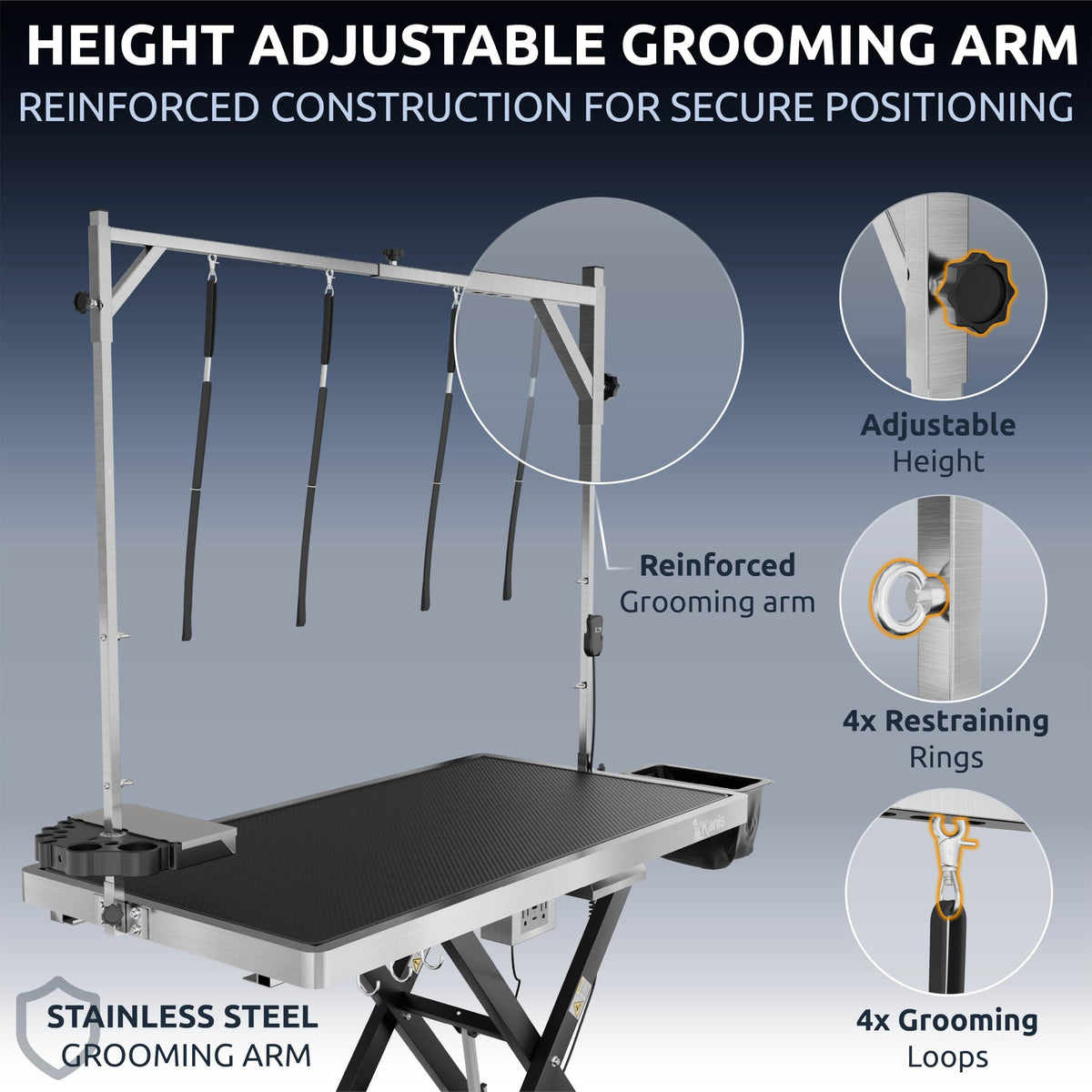 KANIS Professional Electric Dog Grooming Table - Heavy Duty, Height Adjustable Pet Grooming Table w/Leveling Wheels, Grooming Arm, Anti-Slip Tabletop & Tool Organizer/Dog Grooming Station (Black, 49")